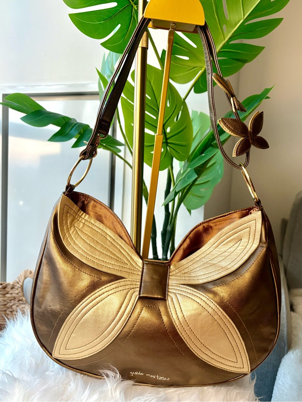 Y2K Guido Martinez Metallic Bronze Butterfly Hobo Shoulder Crossbody Bag Purse